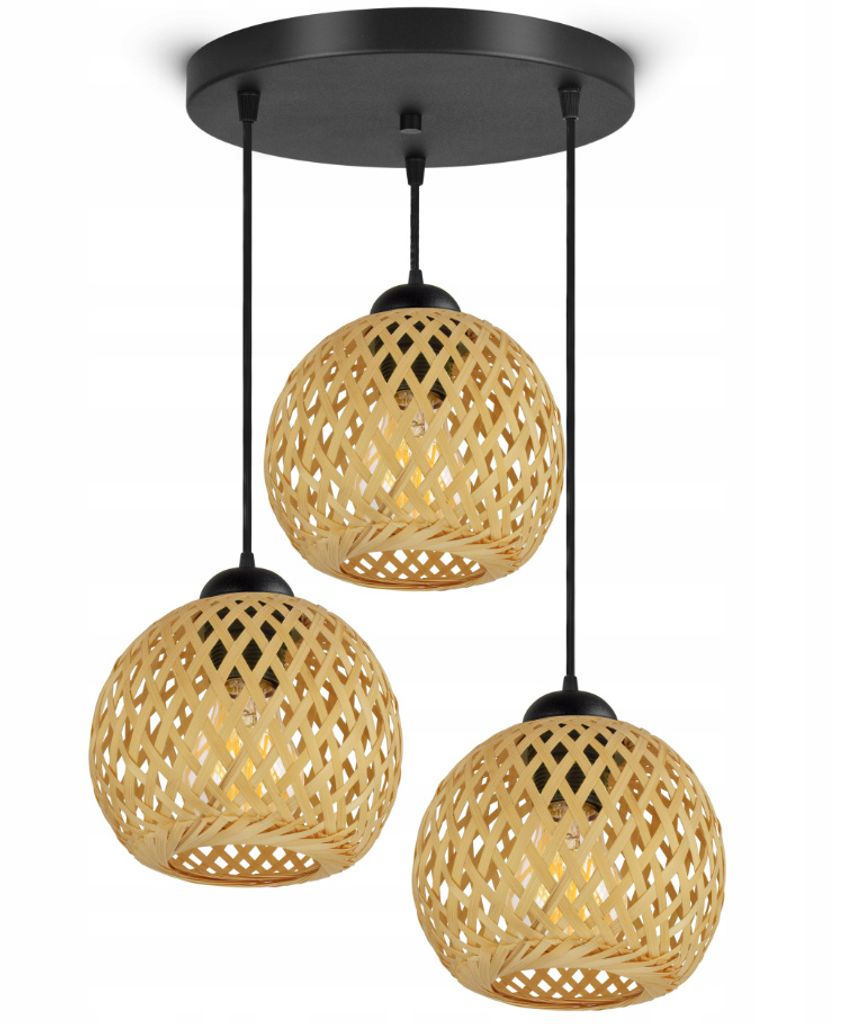 A triple pendant light with woven bamboo shades hangs from a black ceiling plate.