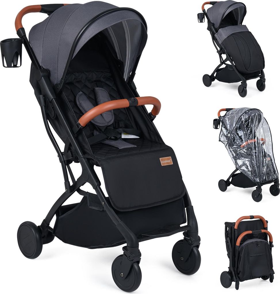 COSTWAY Kinderwagen, Reisebuggy mit Regenschutz, Rückenlehne, Fußstütze, Verdeck & Griff, Babywagen, Buggy für Baby bis 3 Jahren, Grau