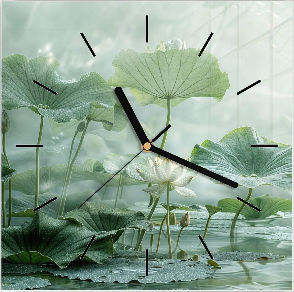 Wanduhr aus Glas mit Motiv Lotusteich- 30 x 30 cm - inkl. Aufhängesystem