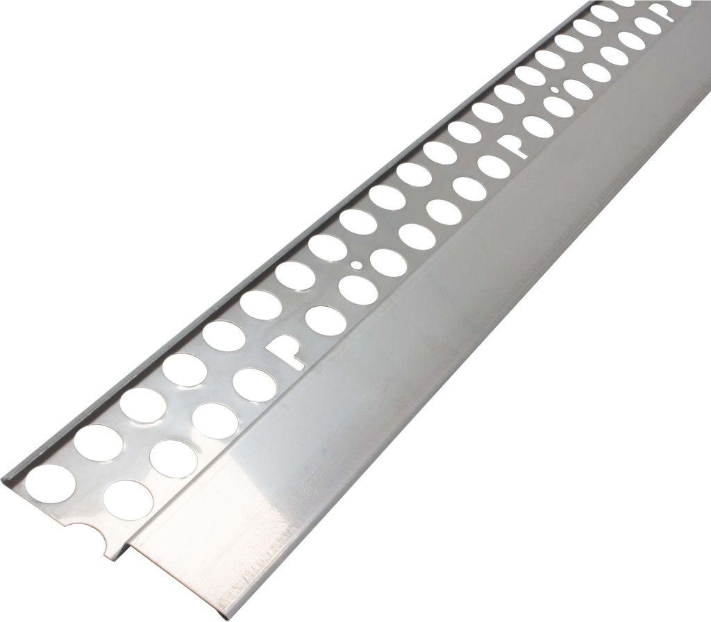 A silver metal corner profile with perforated holes, likely for construction or renovation.