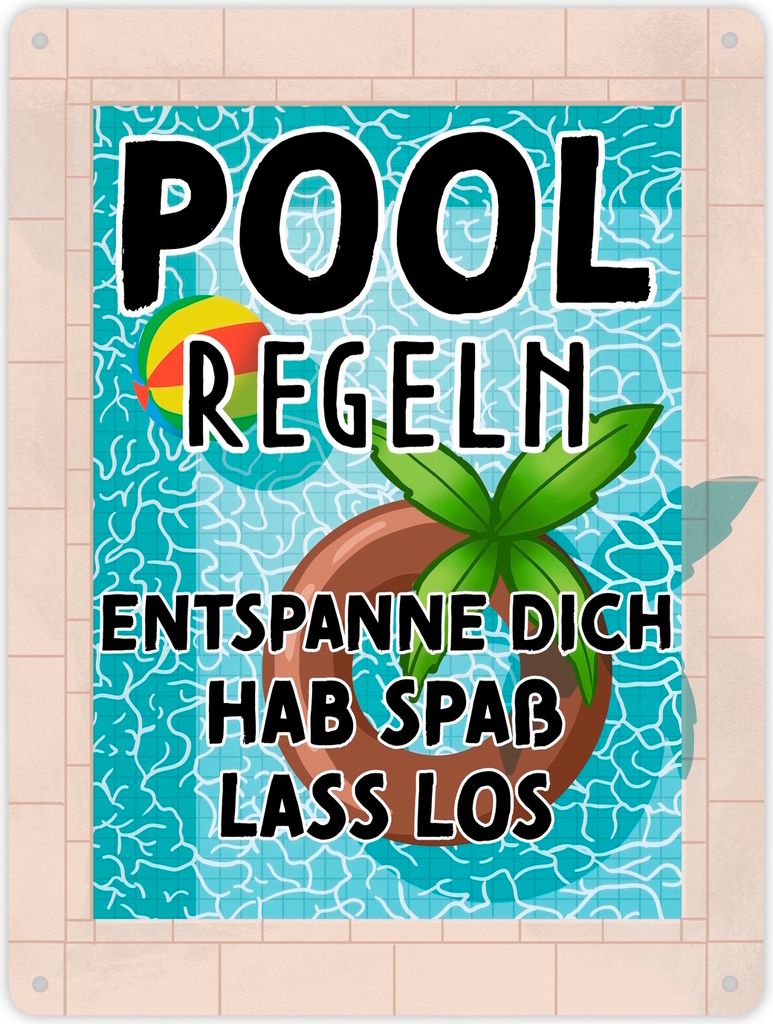 Poolregeln für Poolbesitzer Metallschild XL in 21x28 cm mit Schwimmring