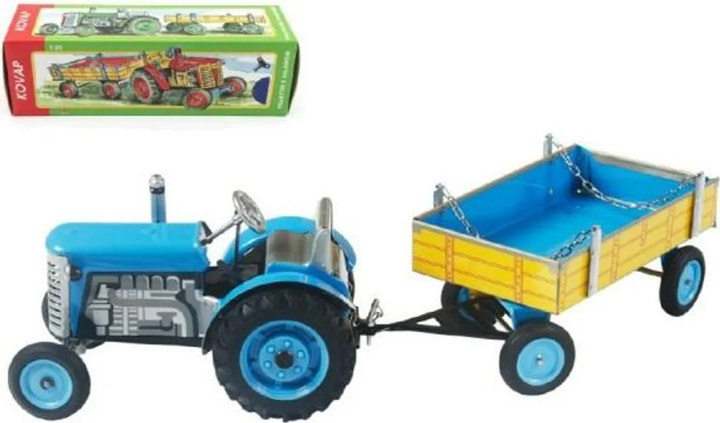 Tracteur en métal Zetor Kovap mécanique à clé 28cm et rouleau bleu
