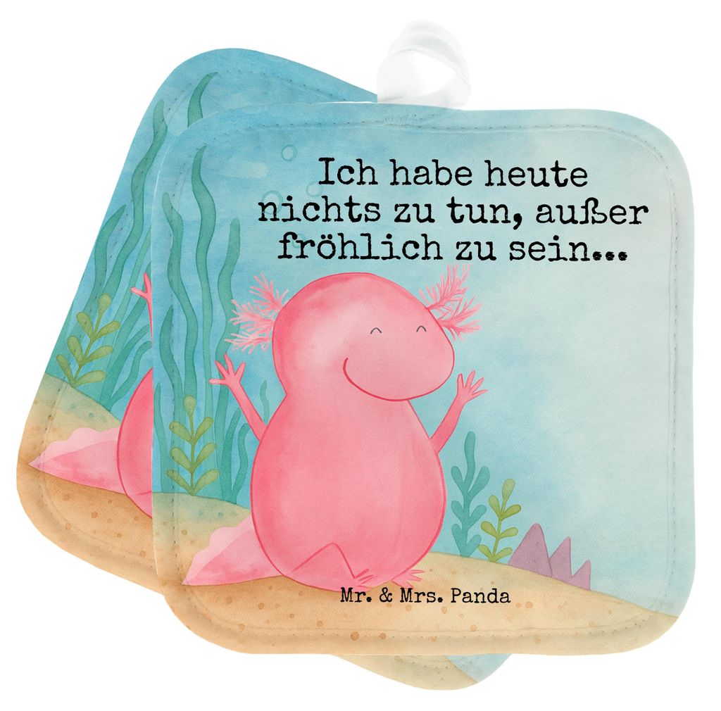Mr. & Mrs. Panda Topflappen Axolotl Hurra Design - Weiß - Geschenk, Freude, Topfuntersetzer, Set, Kochlappen, topfhalter, Lurch, Fröhlich, Spaß,...