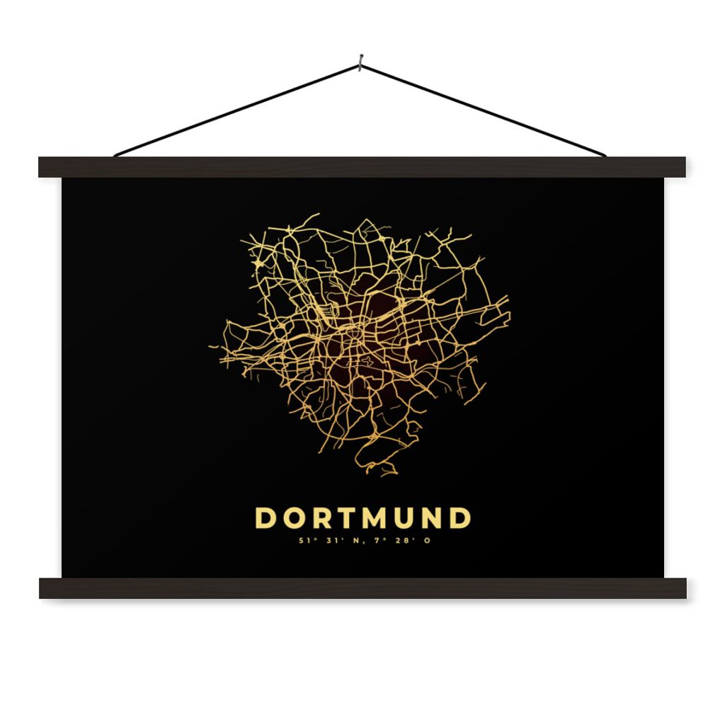 MuchoWow Textilposter Karte - Dortmund - Gold - Stadtplan 90x60 cm mit schwarzem Rahmen - Aufhängungssatz