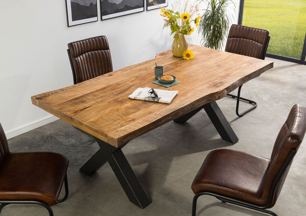 MASSIVMOEBEL24 Baumtisch Mango 220x100x77 natur lackiert / X-Beine anthrazit matt FREEFORM 5