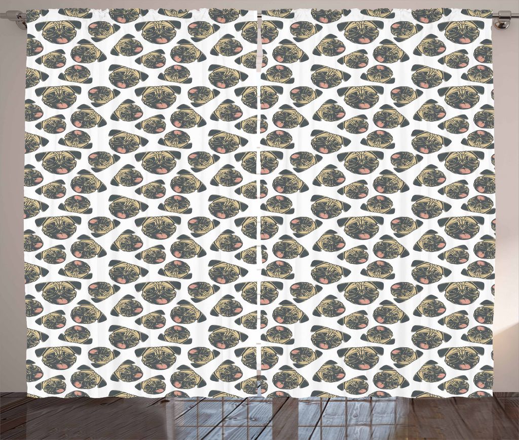 ABAKUHAUS Mops Rustikaler Vorhang, Heiter Hunde Grunge-Effekt, Wohnzimmer Universalband Gardinen mit Schlaufen und Haken, 280 x 175 cm, Charcoal Gr...