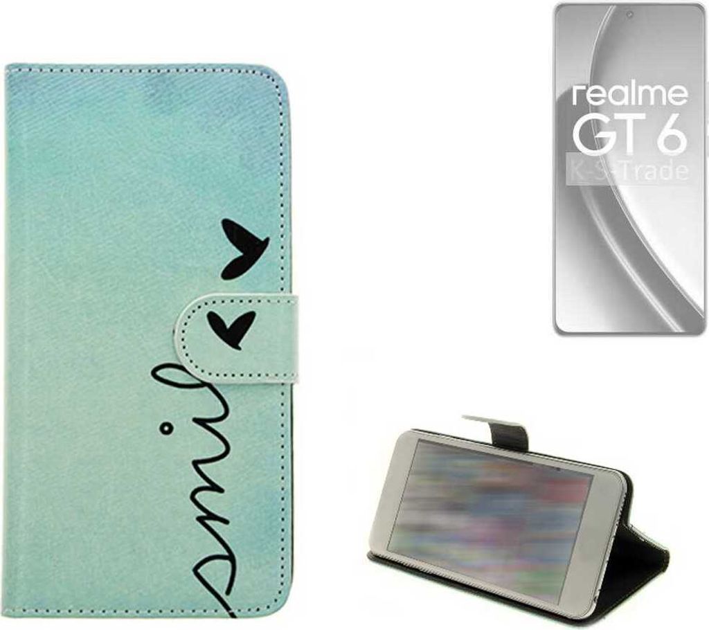 K-S-Trade Schutz Hülle Handy Hülle kompatibel mit Realme GT 6 Global Hülle Handyhülle cover bookstyle Etui Handyhülle “smile“ türkis