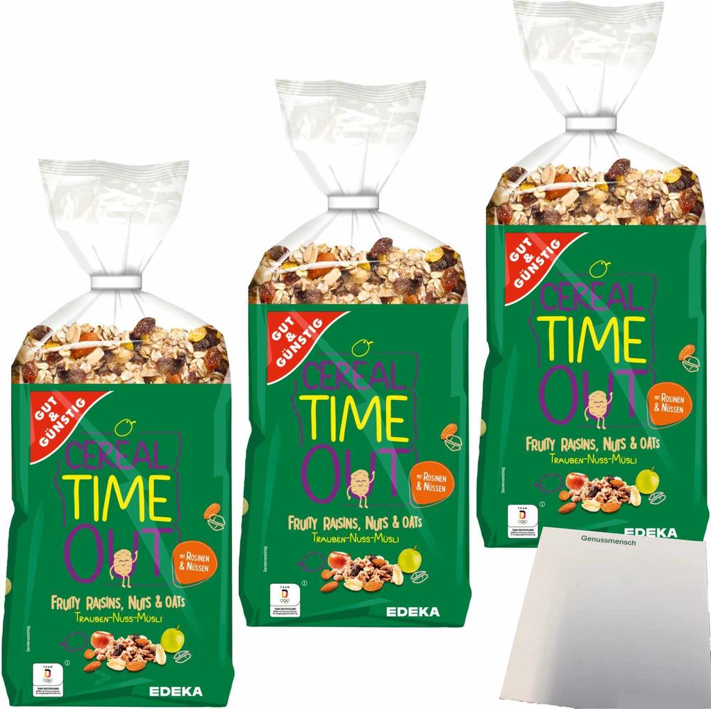 Gut & Günstig Trauben-Nuss-Müsli 3er Pack (3x1kg Packung) + usy Block