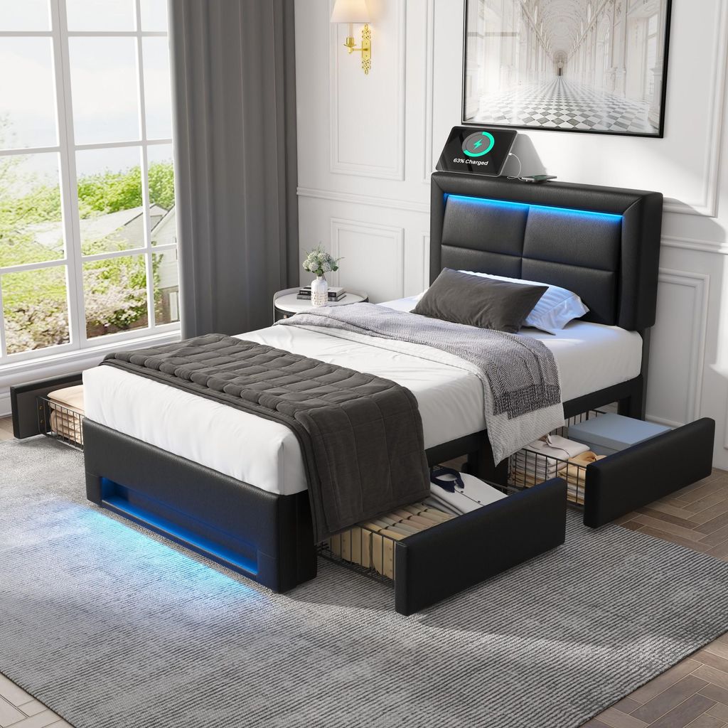 MODFU Lit simple 90x190 cm avec Éclairage LED et 4 Tiroirs Image du produit 
