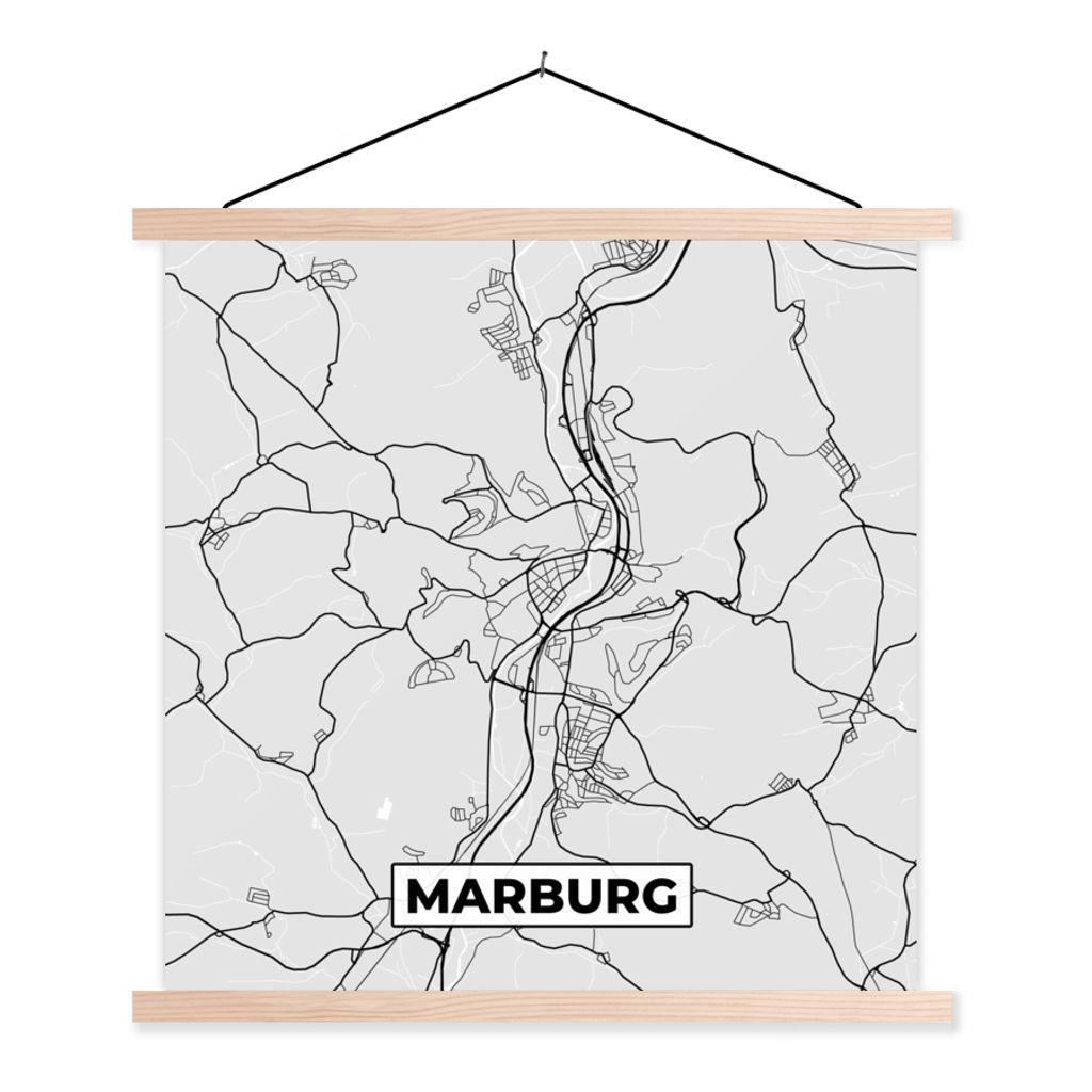 MuchoWow Textilposter Stadtplan - Karte - Marburg - Deutschland 60x60 cm mit holzfarbenen Rahmen - Wanddekoration
