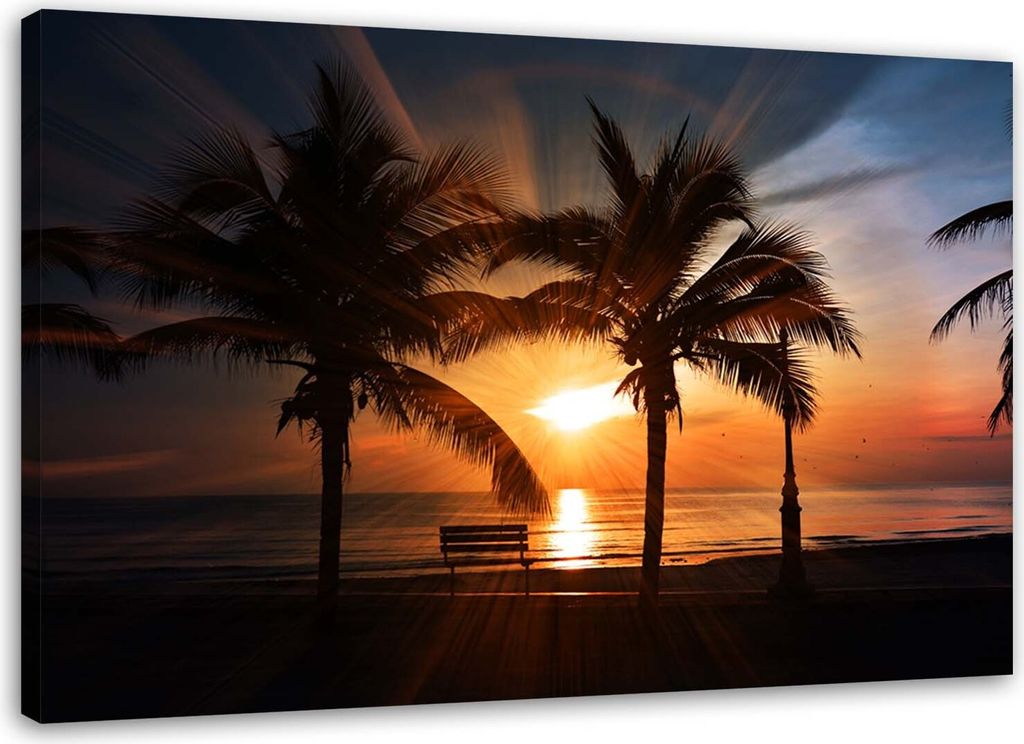 Leinwandbild palmen am meer bei sonnenuntergang 120x80 cm Feeby orange wandbild bereit zum aufhängen