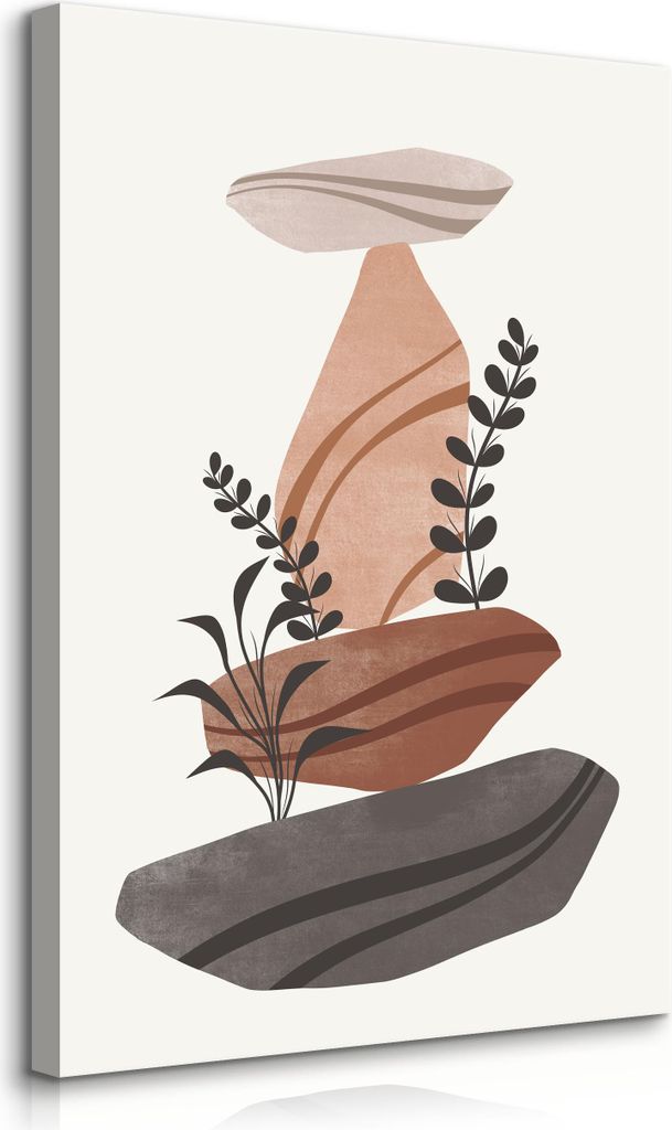 Muralo Leinwandbild Canvas STEINE Pflanzen Blätter Abstraktion Boho Stil Br. 40cm x Hö. 60cm