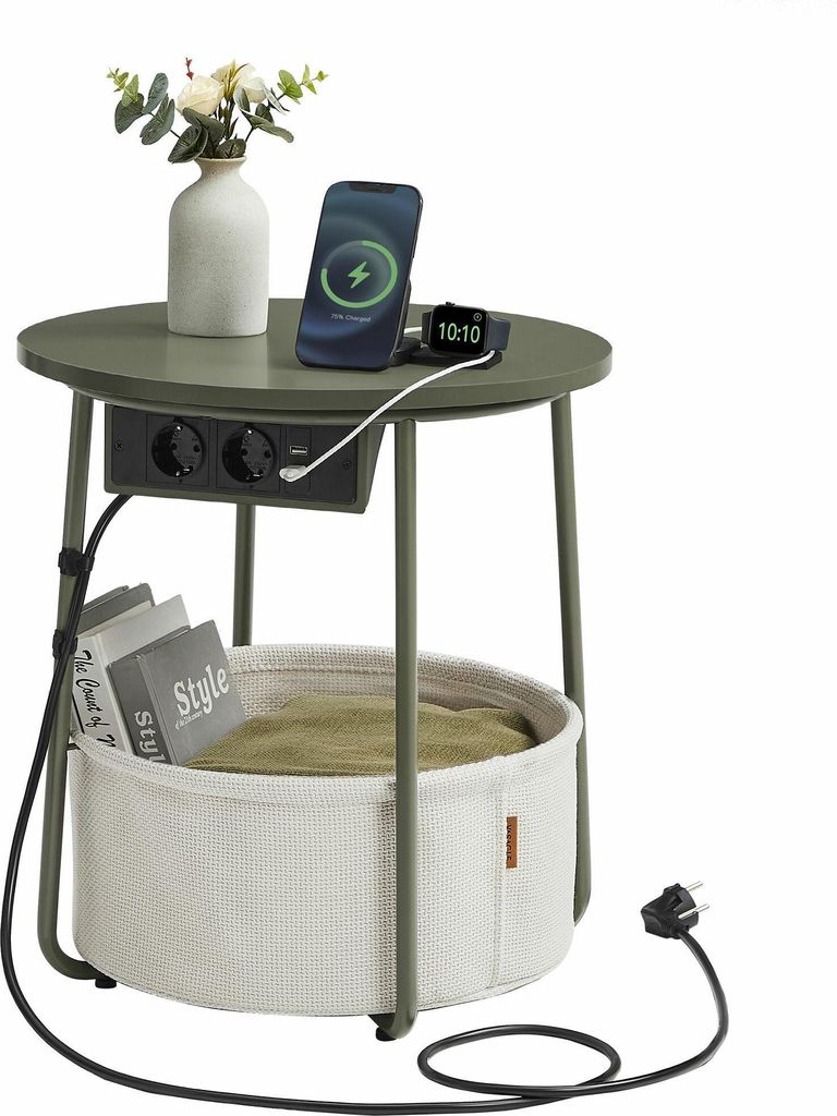 Beistelltisch, Runder Beistelltisch Mit Ladestation Und Stoffkorb, Geräumig, Für Wohnzimmer, Schlafzimmer, Nachttisch, Neu