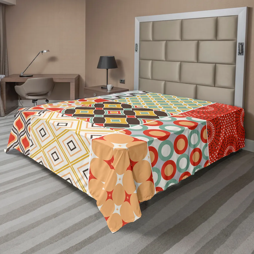 ABAKUHAUS Lenzuolo vintage, motivo mosaico vintage con stampa geometrica diagonale, lenzuolo morbido e confortevole per un letto decorativo 1 pezzo 260 cm x 228 cm, multicolore
