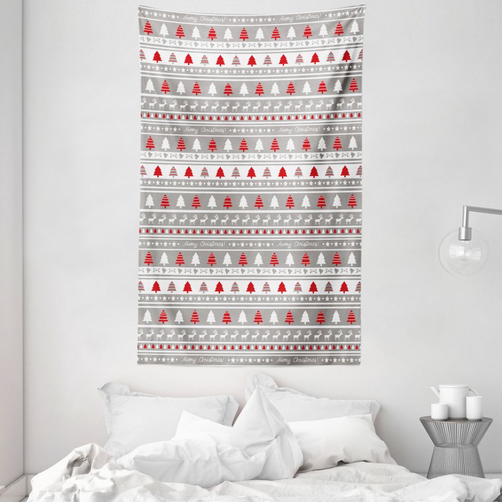 ABAKUHAUS Weihnachten Wandteppich und Tagesdecke, Deer Bäume Borders aus Weiches Mikrofaser Stoff Waschbar ohne Verblassen Digitaldruck, 140 x 230...