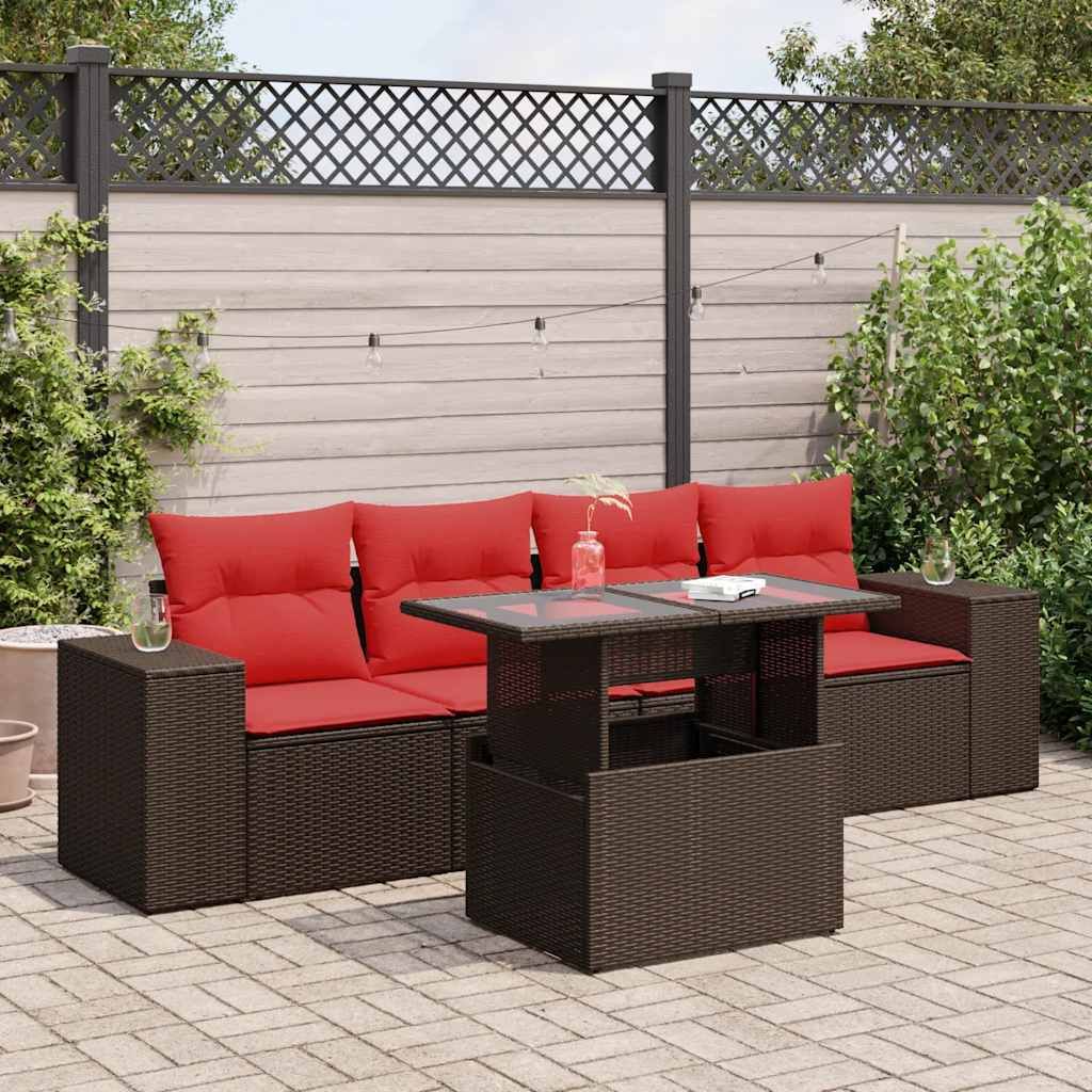 "Rabatt" 5-tlg. Garten-Sofagarnitur - mit sofa - mit Kissen Braun Poly Rattan Akazie - Lounge-Dining set CC12023