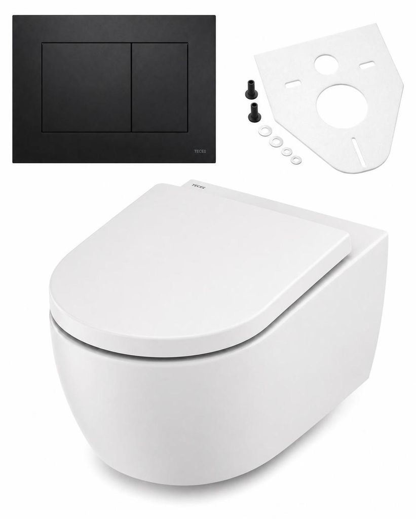 BADfabrik24 TECEloft Set, WC-Keramik mit cyclon flush und WC-Sitz im klassisch-hohen Design+TECEnow WC-Betätigungsplatte schwarz matt+Montageset f...