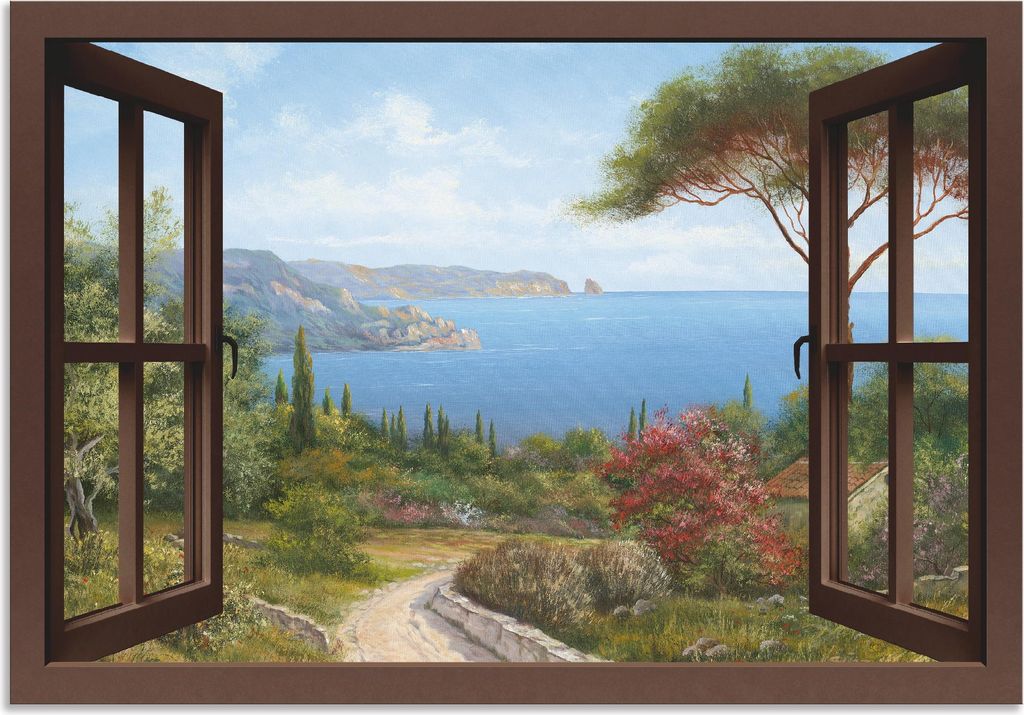 ARTland Wandbild Alu für Innen & Outdoor Fensterblick - Haus am Meer, braun Größe: 130x90 cm