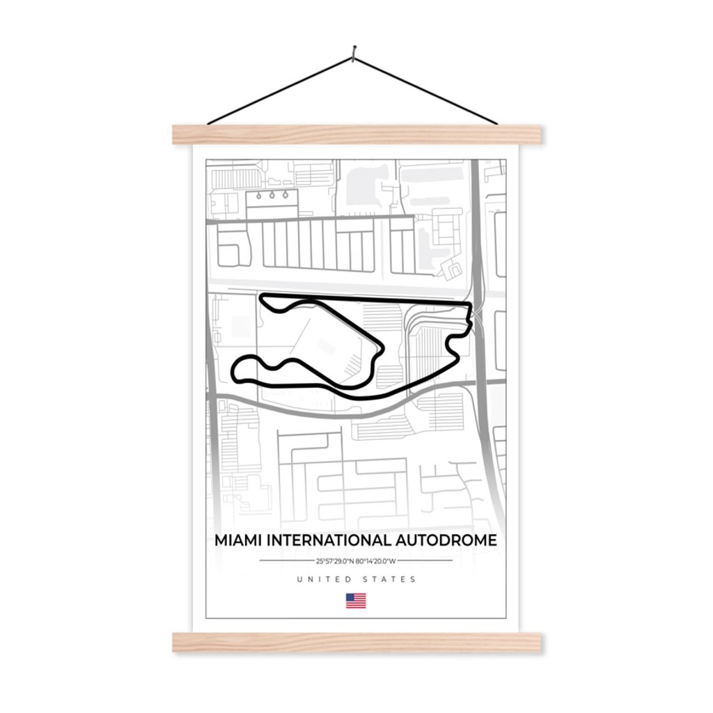 MuchoWow Textilposter Rennstrecke - Vereinigte Staaten - Formel 1 - Miami International Autodrome - Rennstrecke - Weiß 40x60 cm mit holzfarbenen...