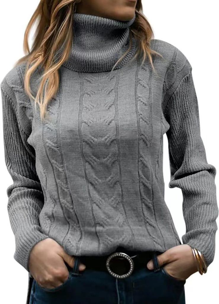 ASKSA Damen Elegant Rollkragen Pullover Casual Strickpullover Jumper Langarm Pulli Sweatshirt Oberteile, Grau, L