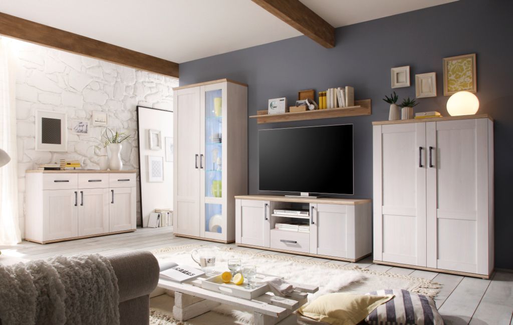 Wohnwand ELEGANCE mit Sideboard in Sibiu Lärche Nb. / Absetzung San Remo hell, im Landhausstil inkl. LED-Beleuchtung