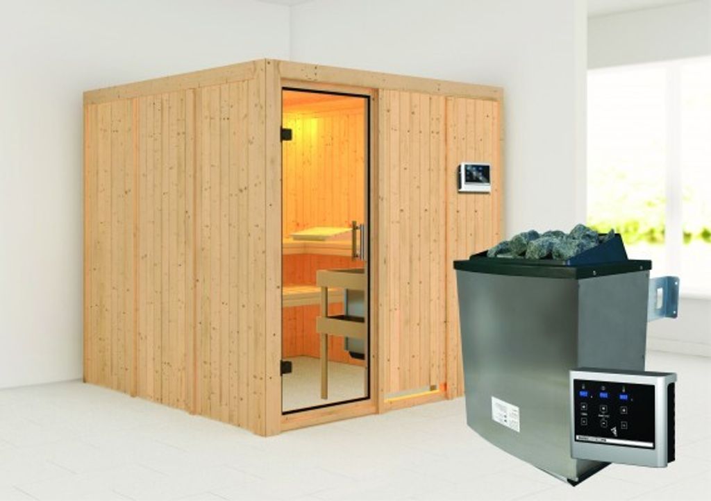 Karibu Sauna Innensauna Rodin Fronteinstieg Ofen 9 KW externe Strg easy 196x196x198 cm ohne Dachkranz mit Klarglastür