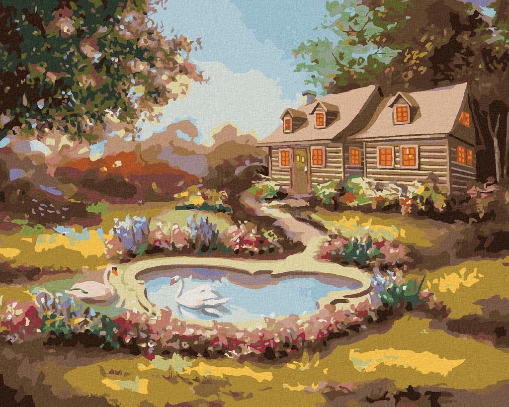 Zuty - Malen nach Zahlen - SCHWÄNE, BLUMEN UND HAUS (D. RUSTY RUST), 40x50 cm, ohne Keilrahmen