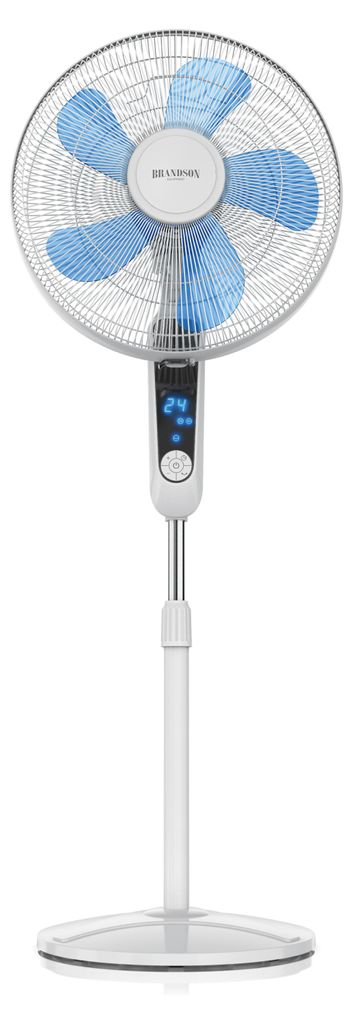 A white pedestal fan with blue blades and a digital display.