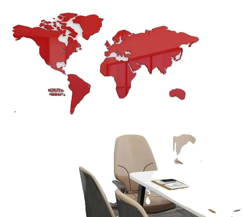 Carte du monde 3D rouge acrylique brillant, 180x100cm effet relief