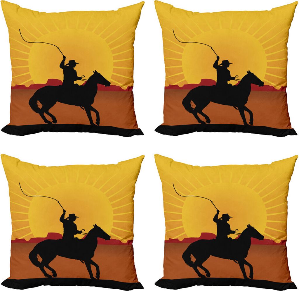 ABAKUHAUS Silhouette Kissenbezug Set (4 Stück), Cowboy auf dem Pferd Shade, Moderner Doppelseitiger Digitaldruck, 50 cm x 50 cm, Erde Gelb Multicolor