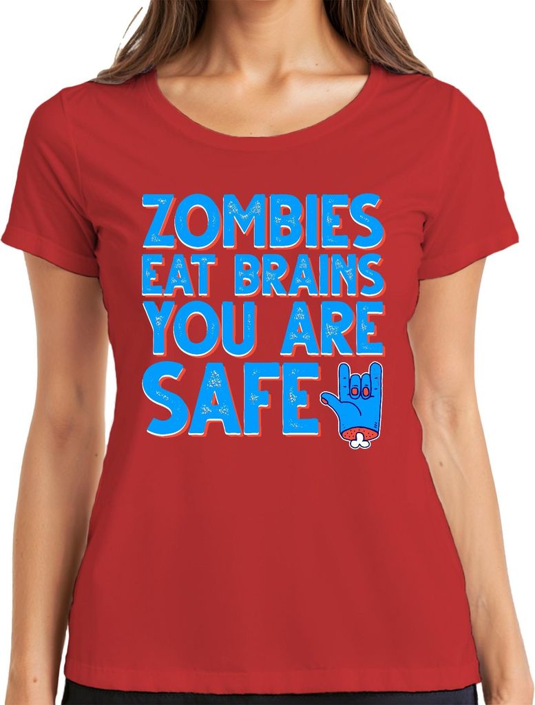 ZOMBIES EAT BRAINS YOU ARE SAFE Halloween Zombie Lustig Horror Damen T-Shirt, Rot, L