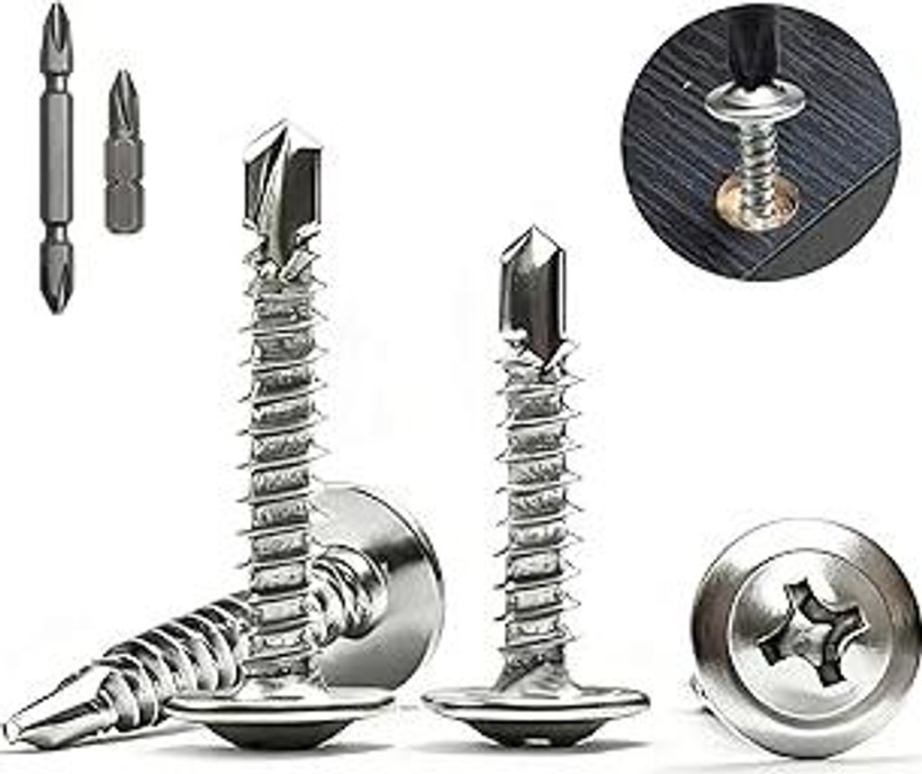 Hexizexi 100 Stück Selbstschneidende Schrauben Edelstahl 4.2x25 mm Blechschrauben Selbstschneidend Silber Bohrschrauben mit 2 Bits für Holz Stahl