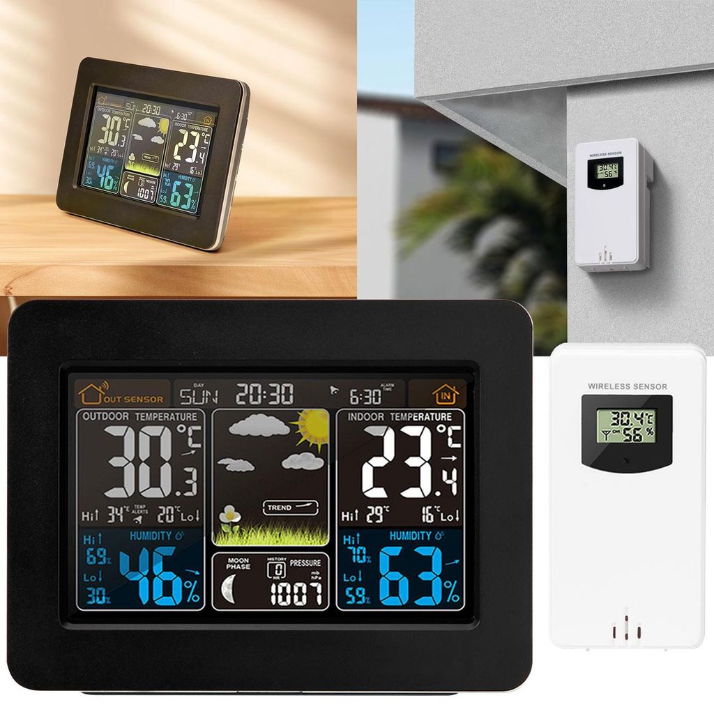 Funk-Wetterstation mit Farbdisplay, DCF-Uhr, Sensor, Thermometer, Barometer, Hygrometer, Mondphase. Präzise Wetterdaten & Wecker für Zuhause