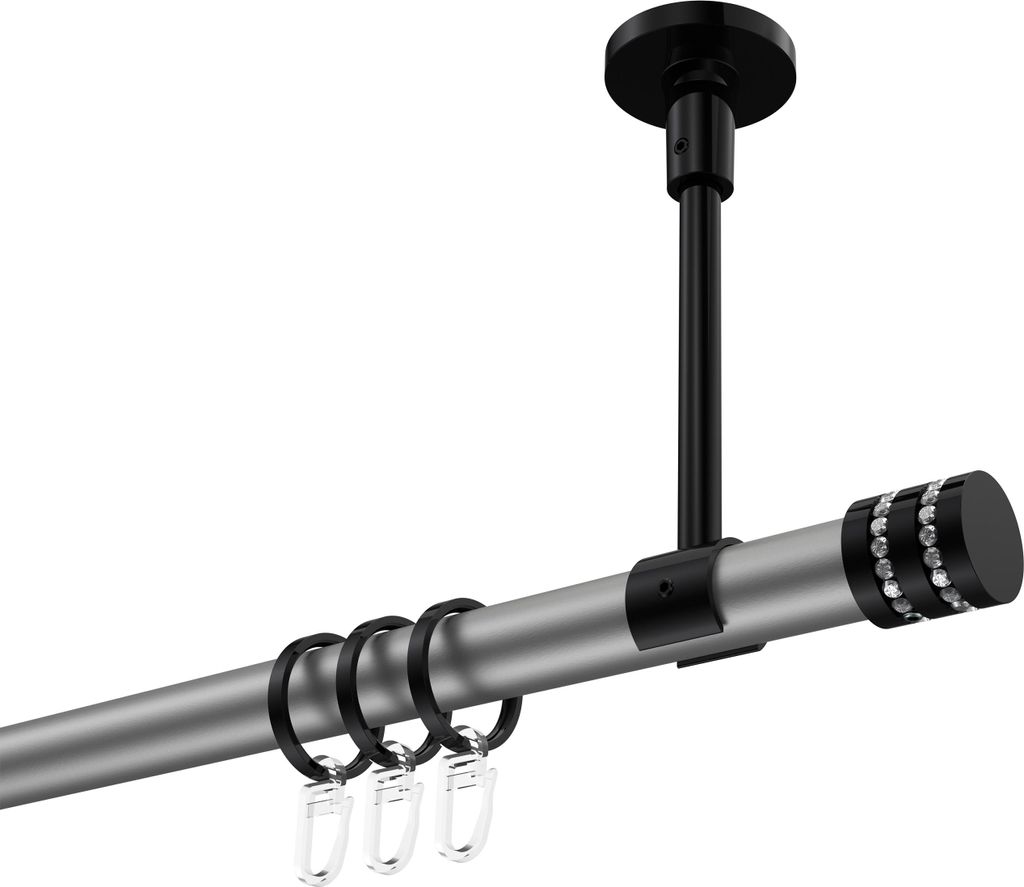 Interdeco Gardinenstange / Vorhangstange Silbergrau / Schwarz, Typ Sonette Estana (Glitzerkappe) Deckenmontage, 20 mm Ø 1-läufig, 120 cm