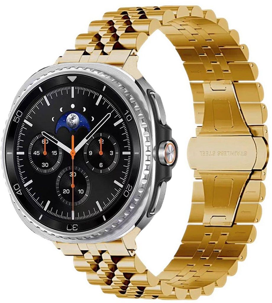 FFO2World 5-reihiges Edelstahl-Gliederarmband – für Samsung Galaxy Watch 8/8 Classic 40/44/46 mm – Faltschließe & Kürzungsset – Gold