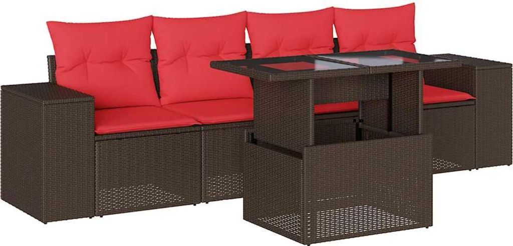 5-teiliges Gartensofa-Set mit Kissen, braun, Polyrattan