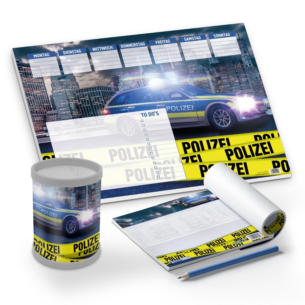 itenga Schreibtisch-Set Polizei 3-teilig Schreibtischunterlage Stifteköcher Notizblock