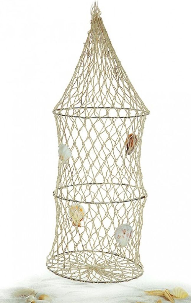 A decorative fishing net with shells hanging from it, isolated on a white background.