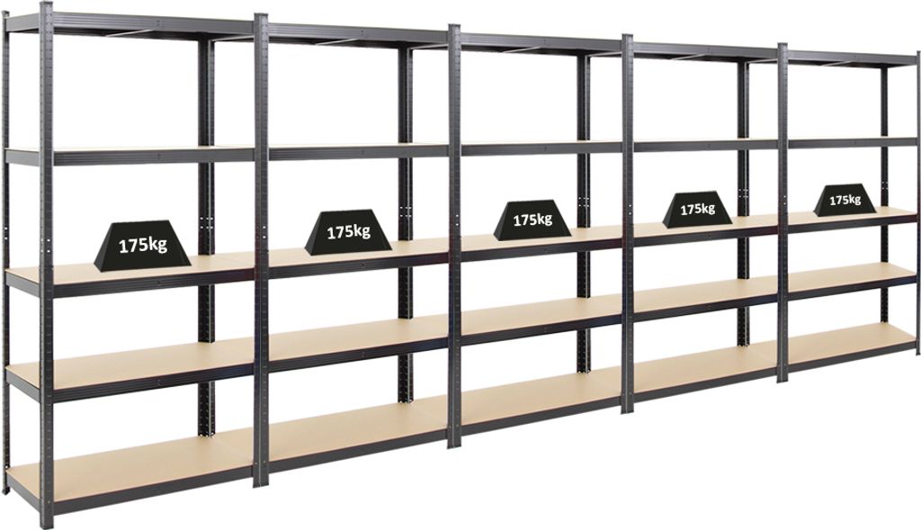 Mega Deal | 5x Schwerlastregal Ragnar | HxBxT 180x90x40cm | 5 MDF-Platten-Ebenen | Fachlast 175kg | Schwarz