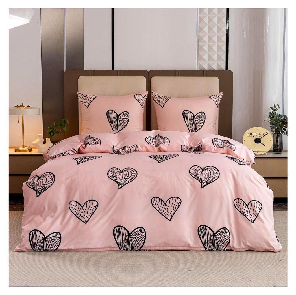 Bettwäsche 220x200 cm - Ganzjahres Bettwäsche-Sets 2-teilig - Bettbezug mit 2 Kissenbezügen 70x80 cm - Rosa Herzen