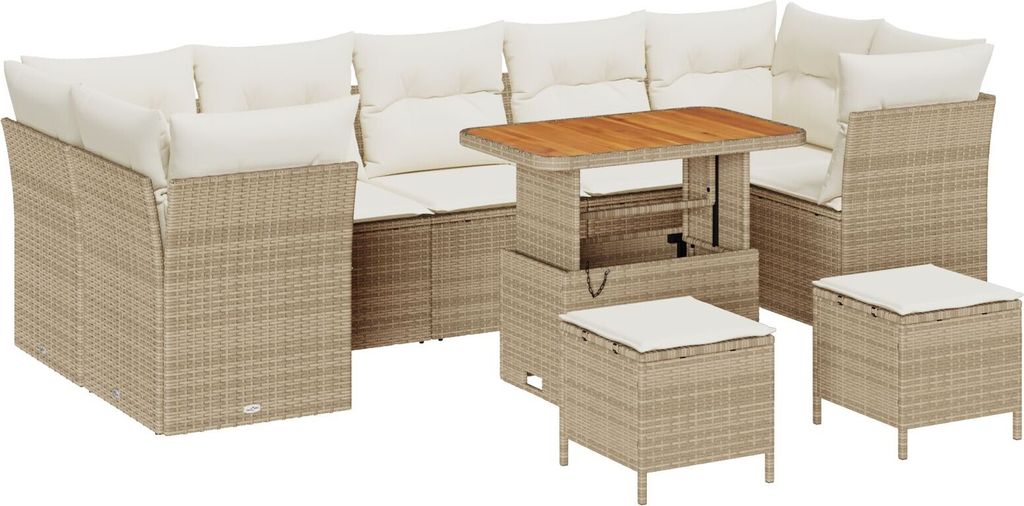 Möbel 10-teiliges Garten Sofa Set mit Kissen, Beige, Poly Rattan, Akazie, 3-teiliges Garten Ess-Set mit Kissen, Beige, Poly Rattan, Akazie - Garte...