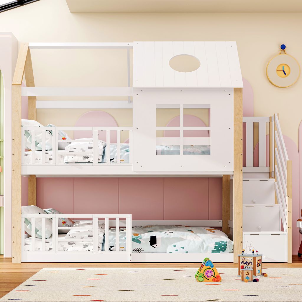 MODFU Etagenbett Kinderbett 90x200cm Hausbett mit Produktbild 