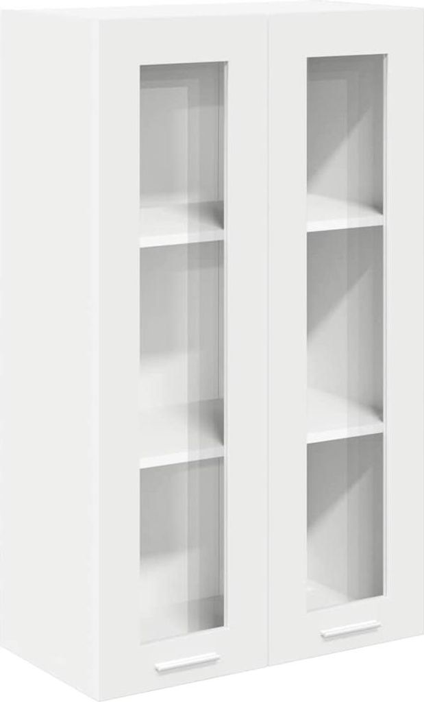 A white cabinet with two glass doors, showing shelves inside.