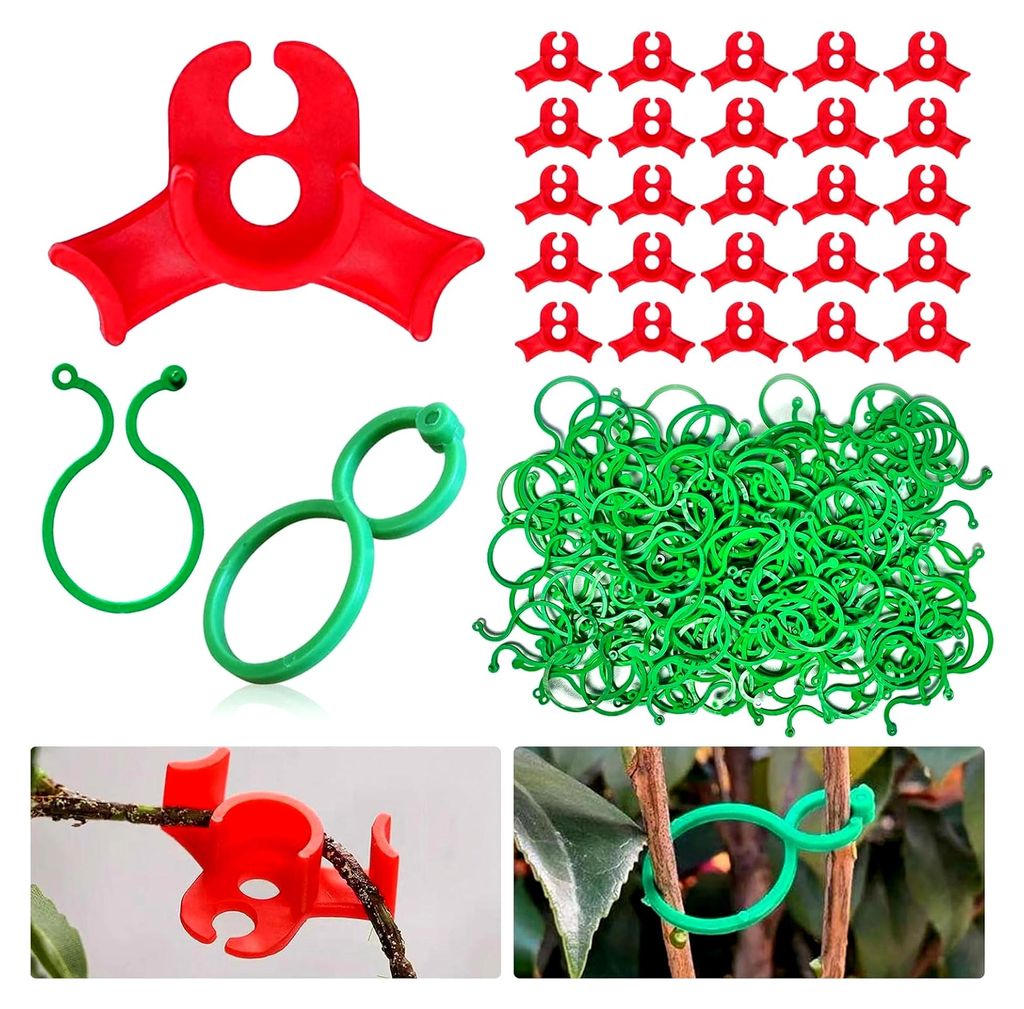 200 grüne Pflanzenclips und 40 rote Pflanzenbiegeklammern – wiederverwendbare Klammern und 90° Stützclips für Kletterpflanzen, Gemüse und Bl...