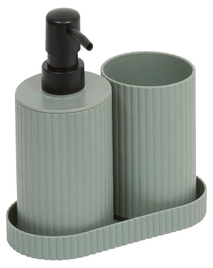 5five Simply Smart | Badezimmer - Badezimmerzubehör - grün - 3er Set - Seifenspender - Zahnputzbecher - Untersetzer