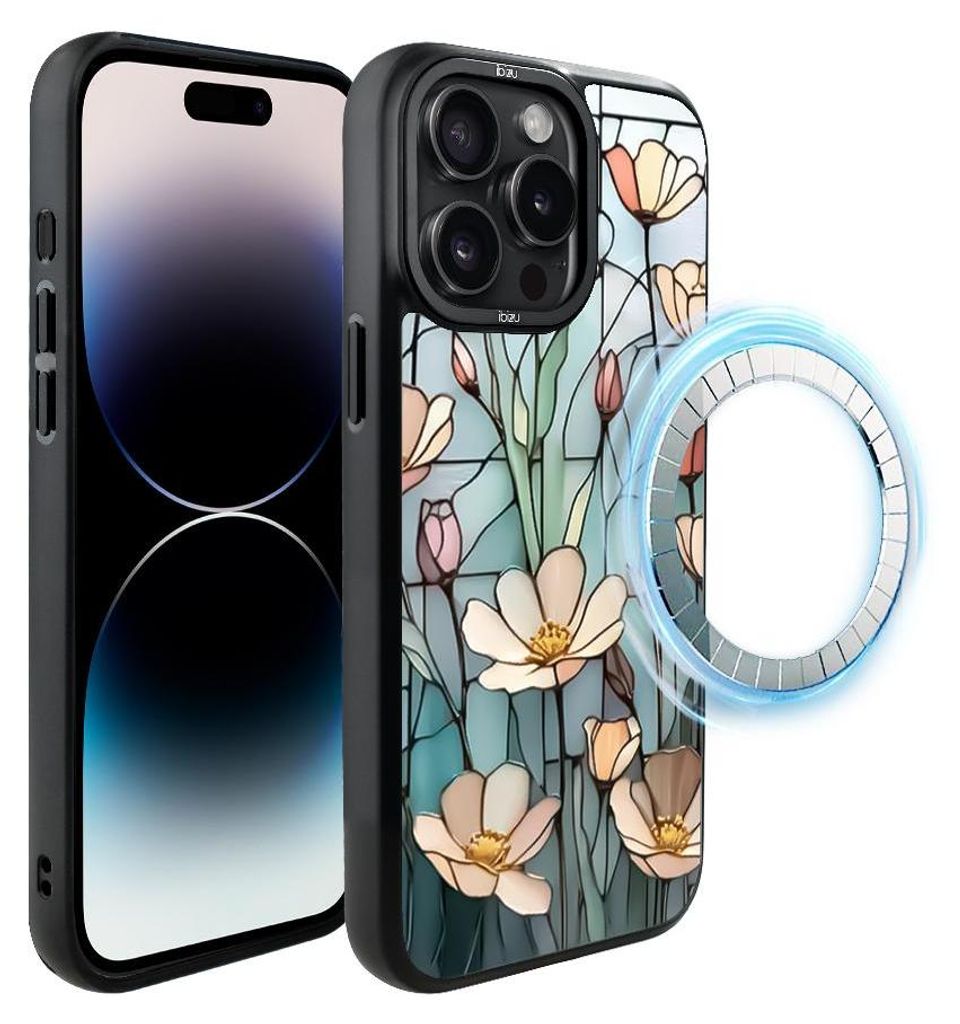 Schutzhülle für das iPhone 14 Pro Max, MagSafe-kompatibel, mattschwarze Seiten, Glasmalerei, Feldblumen