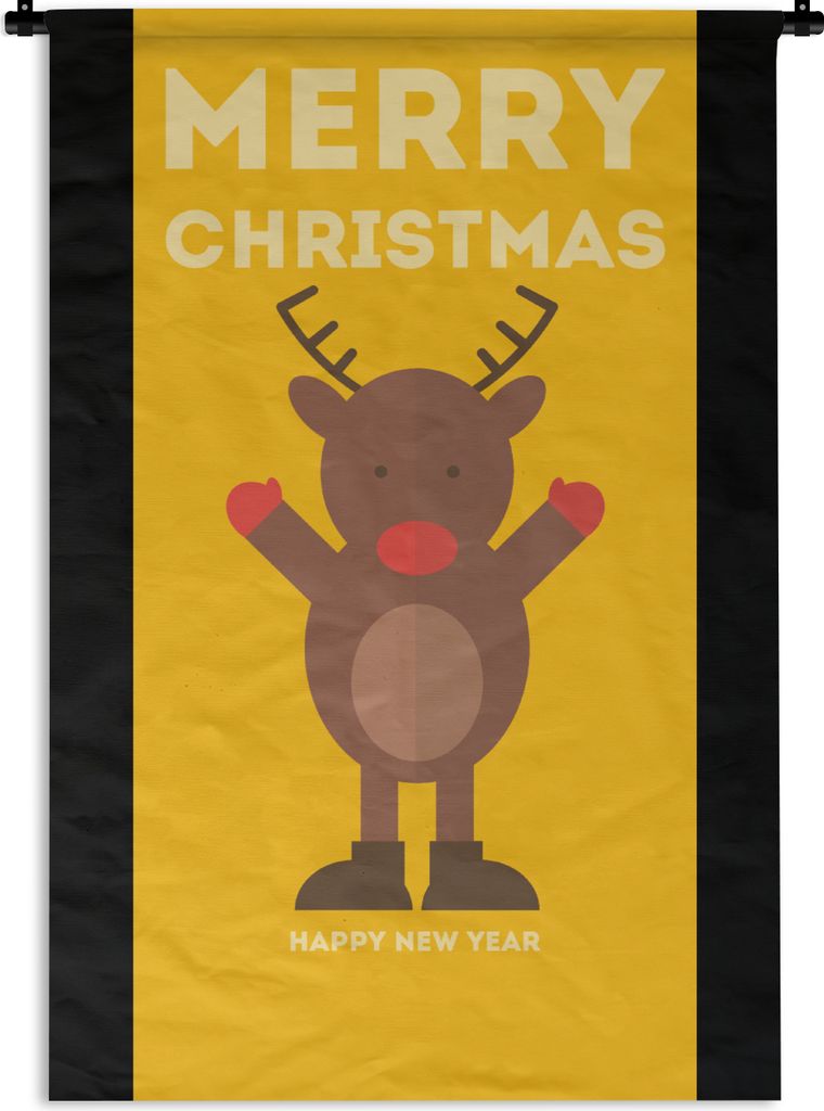 MuchoWow Wandteppich Wandbehang Weihnachten - Zitate - Illustration - Rentier - Frohe Weihnachten - Gelb 90x135 cm Tapisserie Dekoration Wandtuch...