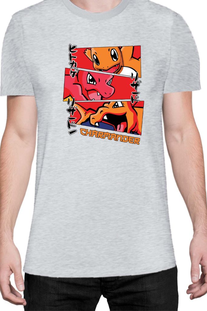 Herren T-Shirt Japan Manga Anime Comics Animation Pokeball Charmander Evolutions, Man L / Grau