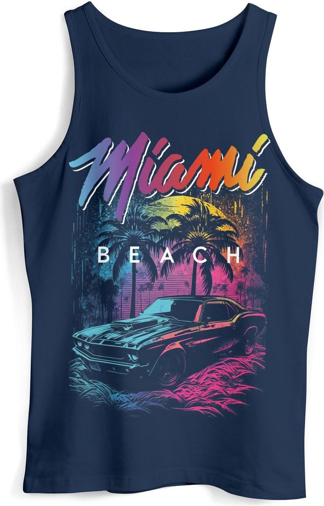 Herren Tank-Top Miami Beach USA Oldtimer Car Palmen Print Fashion Streetstyle Muskelshirt Muscle Shirt Neverless navy XL