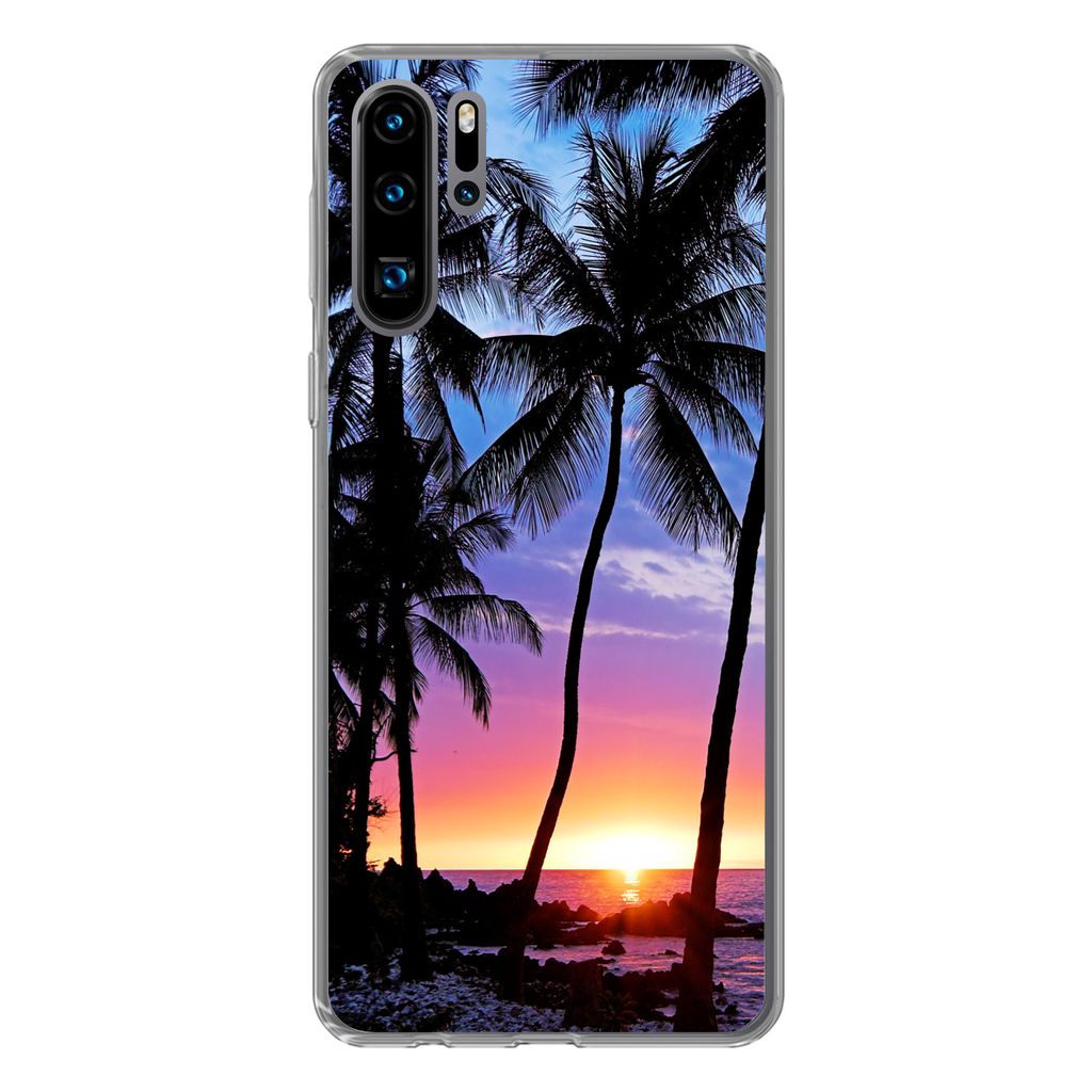 MuchoWow Handyhülle Schutzhülle Hülle für Huawei P30 Pro Der farbenprächtige Sonnenuntergang hinter einer Reihe von Palmen auf Hawaii Siliko...